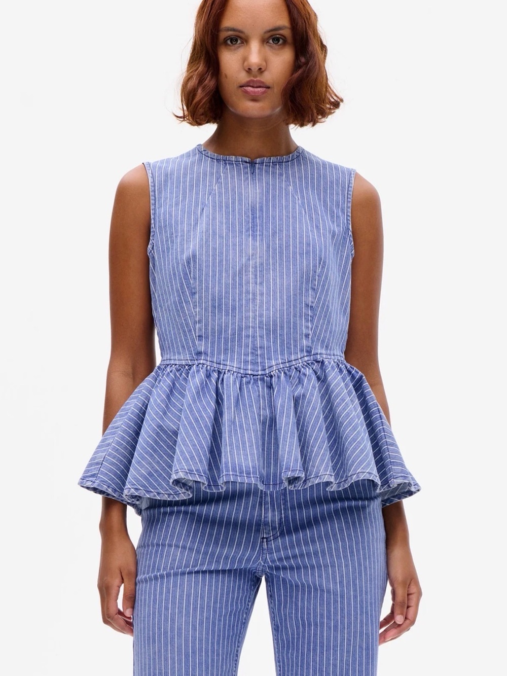 Baum und Pferdgarten Blue Pinstripe Sleeveless Peplum Top NWT